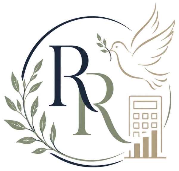 Rest & Reconcile monogram with dove, olive branch and calculator